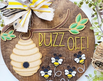 Buzz Off Round Sign SVG File, Laser File, Glowforge SVG File, Bumble Bee Sign, Frontporch Welcome Round Sign SVG, Instant Digital Download