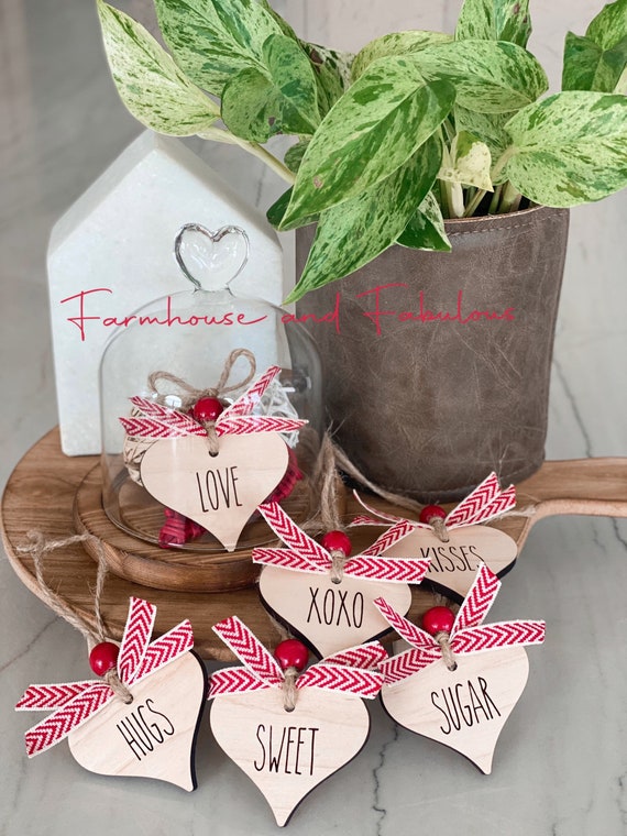 Farmhouse Valentine Ornament Set, Valentines Decorations, Valentines Decor,  Valentines Day Conversation Hearts, Heart Ornaments 
