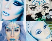 Snow ice queen halloween complete makeup set includes crystals pearls gems strong skin glue chunky and fine glitters, blue white face paints