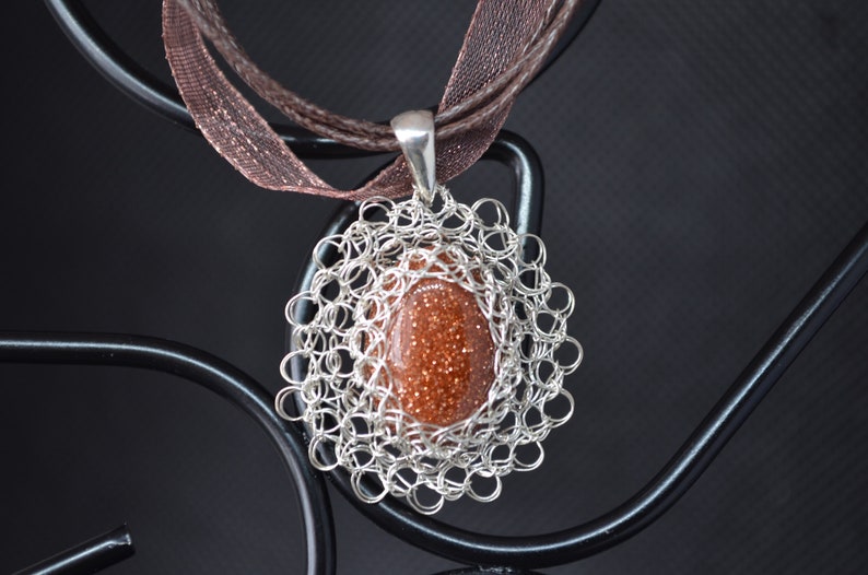 handmade original jewelry Adornment necklace and earrings in silver knitting Brown set silver jewelry knitted jewelry crochet