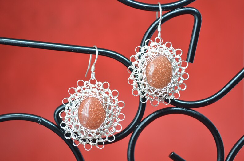 handmade original jewelry Adornment necklace and earrings in silver knitting Brown set silver jewelry knitted jewelry crochet