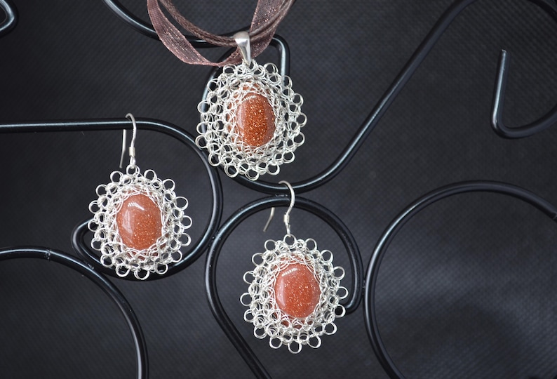 handmade original jewelry Adornment necklace and earrings in silver knitting Brown set silver jewelry knitted jewelry crochet