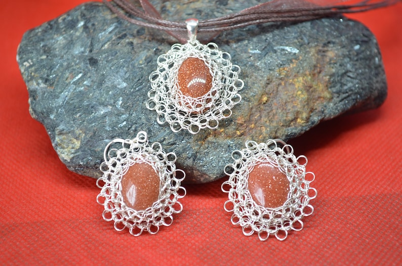 handmade original jewelry Adornment necklace and earrings in silver knitting Brown set silver jewelry knitted jewelry crochet