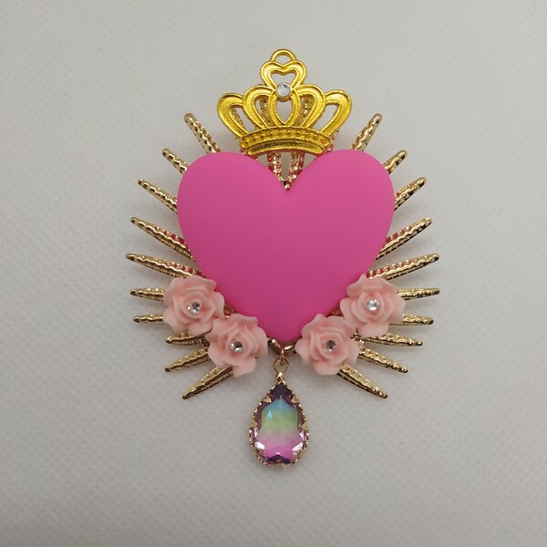 Broche coeur sacré Ex-voto rose