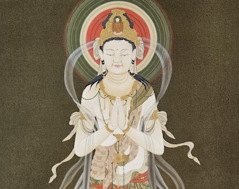 May include: A painting of a female deity in a white robe with a golden crown, standing on a lotus flower. The deity has her hands clasped in prayer and is surrounded by a halo of light.