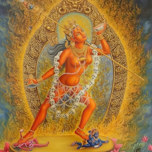 250. Vajrayogini Thangka (Thanka) Öl Newari Gemälde Paubha in Leinwand. Vom Künstler signiert.