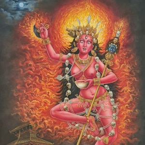247. Vajravarahi Samding Dorje Phagmo(Phamo) Oil Newari Painting Paubha in Canvas. Signed by the Artist.
