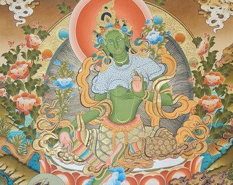 181. Thangka de Tara Verde: Arte de la diosa budista con brocado