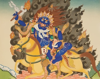 May include: A colorful painting depicting a blue deity with multiple arms riding a yellow horse. The deity has a fierce expression and is surrounded by flames. The painting is done in a traditional Tibetan style.