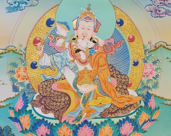 May include: A colorful painting of a deity with a crown and a golden halo, sitting on a lotus throne. The deity is holding a small figure in their arms. The painting is surrounded by flowers and clouds.