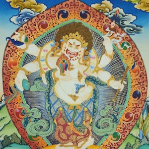 154. White Mahakala Thangka: Buddhist Art with Brocade
