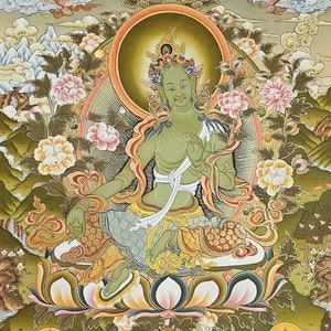 313. Green Tara Thangka Painting: Buddhist Goddess Art with Brocade