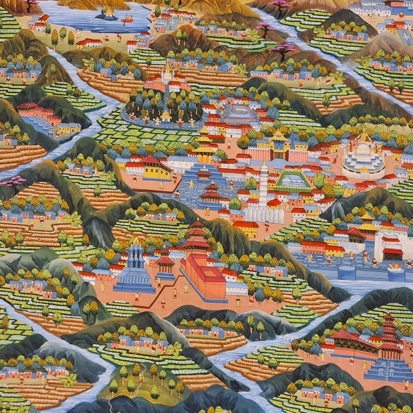 253. Kathmandu Valley Painting with Artist Signature. Free Brocade / Free Shipping.