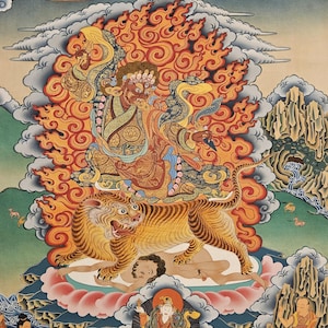 May include: A vibrant Tibetan Buddhist thangka painting depicting a wrathful deity riding a tiger amidst flames and clouds. The artwork features detailed figures, vivid colors, and a mountainous landscape, showcasing traditional Buddhist iconography.