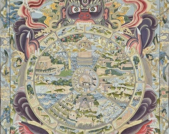 Pode incluir: Uma pintura budista tibetana colorida que representa a Roda da Vida, um diagrama circular que ilustra o ciclo de renascimento e sofrimento. A Roda da Vida é cercada por uma divindade irada com múltiplas cabeças e braços, que simboliza as forças do karma e da ignorância.