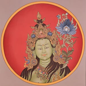 423. Green Tara Paubha Painting: Newari Art, Buddhist Goddess