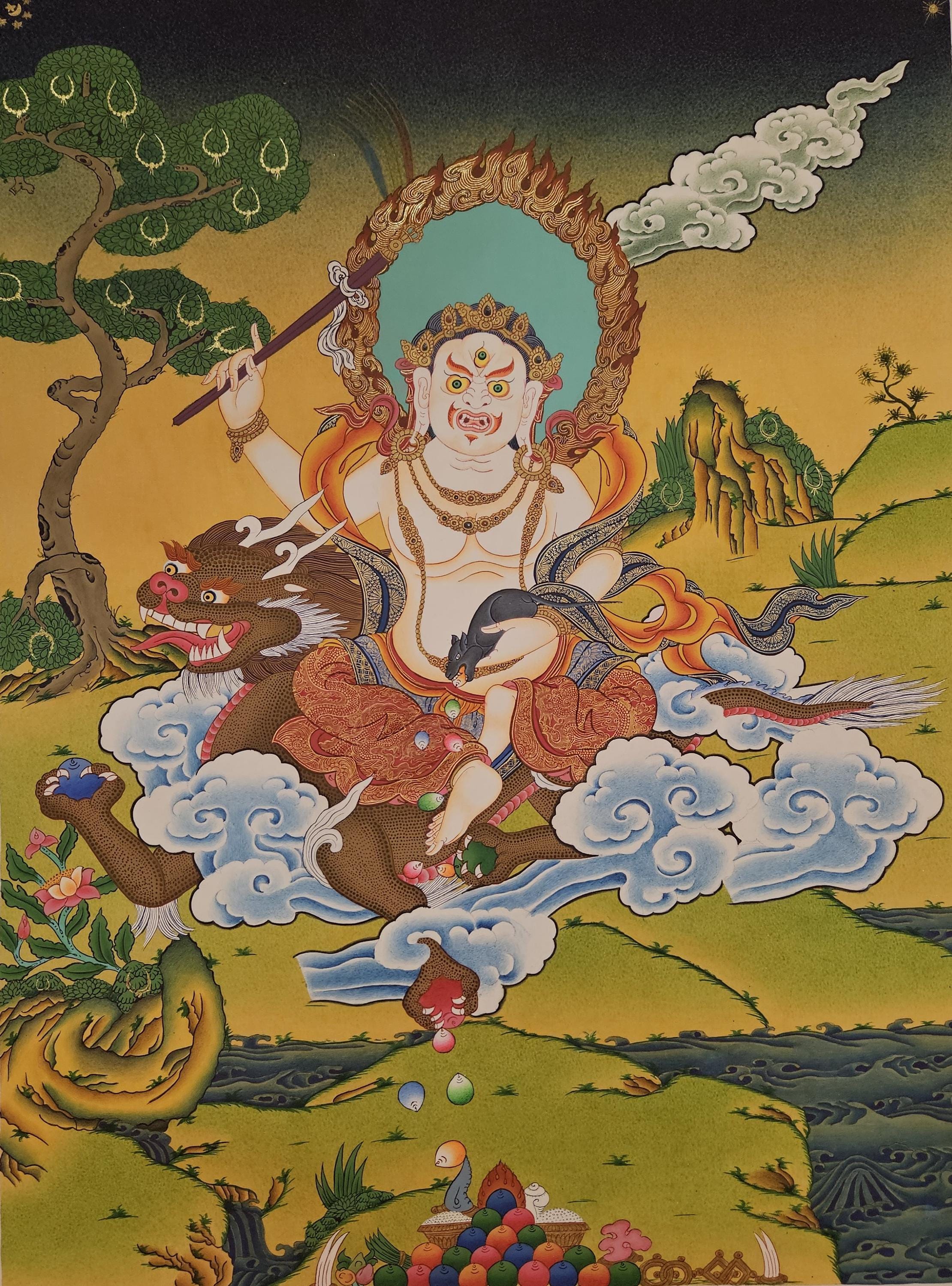 390. White Jambhala Thangka: Tibetan Buddhist Art Riding Dragon - Etsy