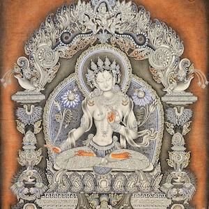 308. White Tara Art Painting: Newari Style Paubha, Signed by the Artist.