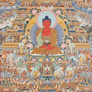 283. Large Amitabha Buddha Dewachen (Sukhavati) Thangka (Thanka). Free Brocade / Free Shipping.