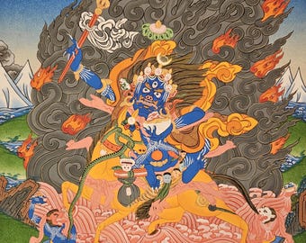 May include: A colorful painting depicting a deity with multiple arms and eyes, riding a yellow horse. The deity is surrounded by flames and clouds, and is holding a staff with a trident at the top. The painting is set against a blue background with mountains and water in the distance.
