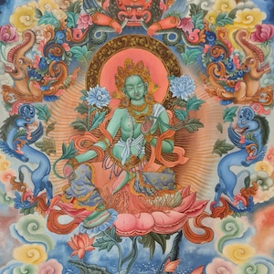 Newari Green Tara Thangka Painting: Signed Canvas Paubha Art