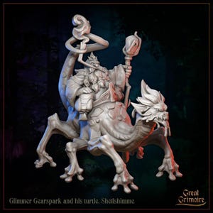 May include: A gray 3D printed miniature of a dwarf riding a turtle with a dragon head. The dwarf is holding a staff and a lantern. The turtle has a spiky shell and long legs. The miniature is labeled "Glimmer Gearspark and his turtle, Shellshimme".