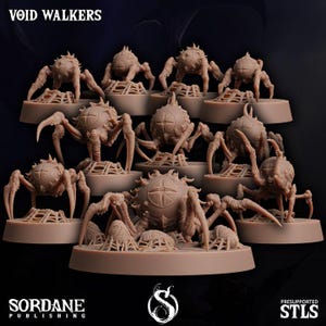 May include: A group of beige Void Walker miniatures, each with multiple legs and a spiky, rounded body. The miniatures are on individual bases, and the text "VOID WALKERS" is at the top. The Sordane Publishing logo and "PRESUPPORTED STLS" are at the bottom.
