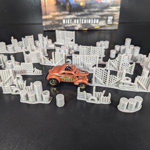 scatter terrain for Gaslands tabletop game, Post apocalypse barrels fences barriers