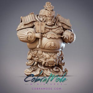 May include: A detailed 3D printed miniature of a mythical creature, a large, round, and imposing figure with a fierce expression, wearing ornate armor and holding a staff. The figure is standing on a cloud-like base.