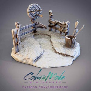 May include: A 3D printed miniature of a medieval archery range with a target, a fence, and a quiver of arrows. The base is made of a light gray material and the details are painted in a light brown color.