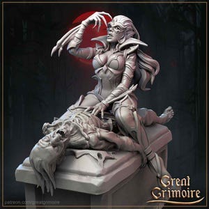 May include: A grey, detailed miniature sculpture of a female vampire with bat wings, standing on a tombstone and holding a deceased human figure.