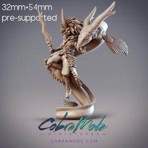 May include: A detailed figurine of a warrior with a fish-like creature. The warrior is holding a weapon and has a fish head and tail. The figurine is pre-supported and measures 3.2cm+5.4cm. The CobraMode Miniatures logo is at the bottom.