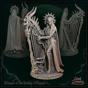 May include: A detailed sculpture of a skeletal figure playing a harp, adorned with horns and a crown. The harp is intricately designed with skulls and vines. The figure is draped in a flowing cloak. The text "Whisper of the Strings (35mm)" is visible.