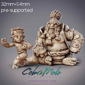 May include: Two 3D printed miniature figures, one a small, humanoid figure with pointed ears and a crown, the other a larger, stout figure with a long beard and a crown. The figures are painted in a light brown color and are pre-supported for 3D printing. The text "32mm+54mm pre-supported" is visible in the image.