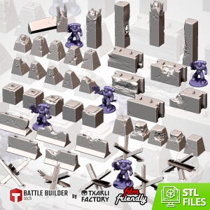 Può includere: Una collezione di pezzi di terreno per wargame in miniatura di colore grigio, tra cui barriere in cemento, pilastri e trappole anticarro in metallo, accompagnati da quattro figurine di space marine viola. L'immagine include il testo Battle Builder tech by Txarli Factory.