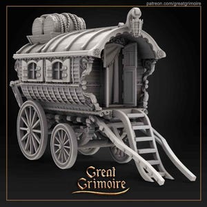 May include: A detailed model of a grey, wooden, ornate wagon with a curved roof, two large wheels, and a ladder. The wagon has a door and windows, and a barrel is on top of the roof.