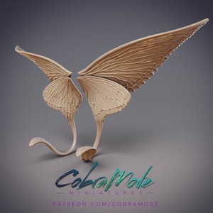 Peut inclure: Une paire d'ailes de papillon beige détaillées avec une surface texturée. Les ailes sont reliées par une fine tige incurvée.