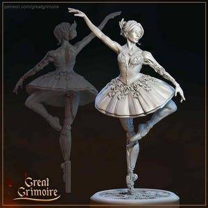 May include: A white porcelain figurine of a ballerina with mechanical legs. The ballerina is wearing a white tutu with intricate floral designs and a jeweled bodice. The figurine is posed in a graceful dance position.