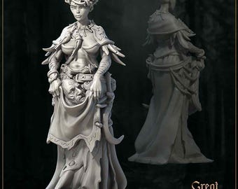 May include: A gray, sculpted figurine of a woman wearing a long robe and holding a severed head. She has a crown of thorns on her head and a necklace around her neck. The figurine is standing on a dark background.