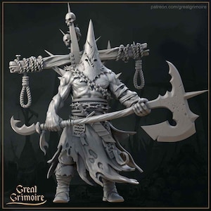 May include: A grey 3D printed miniature of a hooded figure wielding a large axe. The figure is wearing a tattered robe and has a skull-like headpiece. The figure is standing on a base with a cross and a noose.