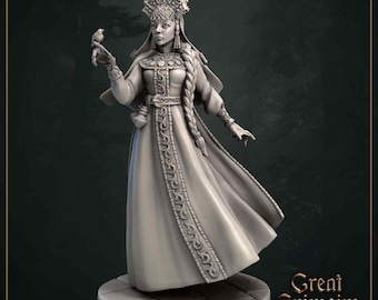 May include: A gray 3D printed miniature of a woman wearing a traditional Russian dress and headdress. She is holding a small bird in her hand. The miniature is set on a round base.