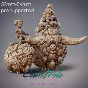 May include: A 32mm and 54mm pre-supported miniature set featuring a small, female, human-like figure riding a furry, brown, yak-like creature. A larger, furry, brown, yak-like creature with a human-like figure riding on its back. The human-like figure has a beard and is wearing a robe.