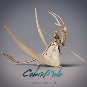 May include: A detailed miniature figurine of a rider on a winged creature. The rider is holding a spear and the creature has a long neck and large wings. The figurine is made of a light brown material and is in a neutral pose.