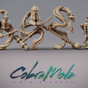 May include: Set of five 3D printed miniature figurines, each depicting a different creature made of swirling fabric with a bell or lantern on its head. The creatures are holding various weapons, including a staff, a hammer, and a mace. The figurines are painted in a light brown color.