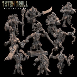 Könnte beinhalten: Ein Set aus neun detaillierten Miniaturfiguren von Trollen, jede mit einzigartigen Waffen und Posen. Die Figuren sind aus grauem Material gefertigt und scheinen kampfbereit zu sein.