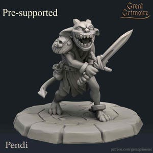 May include: A gray 3D printed miniature of a goblin-like creature holding a sword. The creature has a toothy grin and is wearing armor and a skirt. The miniature is pre-supported and is part of a set of miniatures for tabletop role-playing games.