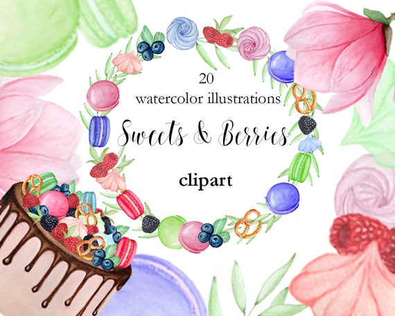 Bonbons Et Baies Clipart Clipart Aquarelle Couronne Macaron Gâteau Meringue Mûre Myrtille Framboise Clipart Mariage Logo