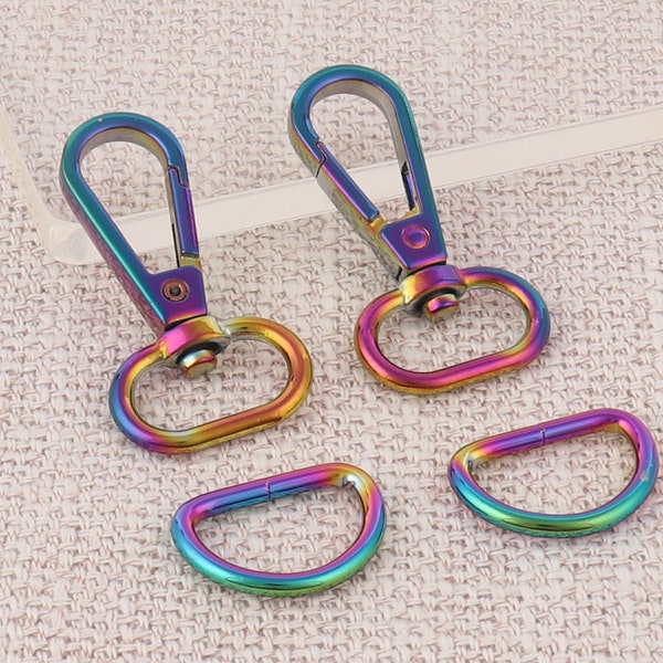 rainbow swivel clasp with D ring set,3/4"(19mm) inner lanyard swivel snap hook,metal lobster clasps hook for bag strap hardware 1 set=4 pcs