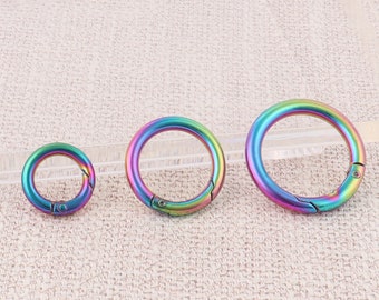 2-10pcs rainbow spring o ring,12mm/19mm/25mm inner metal spring gate ring clasps,round ring push trigger snap hooks for keyring purse making