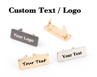 Etiquetas personalizadas para bolsas, etiquetas retangulares de metal em branco com pés, 35 x 12 mm, preto/dourado claro, logotipo personalizado gravado a laser para artesanato